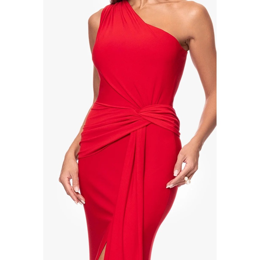 XSCAPE Women Gown Nara One Shoulder Ruched Twist Front Red Sz 12 Grecian Goddess - Picture 2 of 13